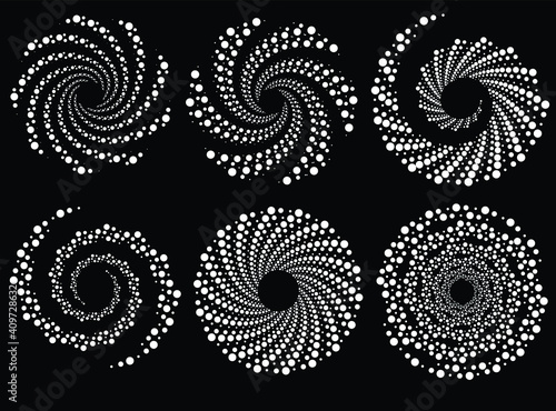  Set of abstract white halftone dots.Black halftone dots in vortex form. Geometric art. Trendy design element.Circular and radial lines volute, helix.Segmented circle with rotation.