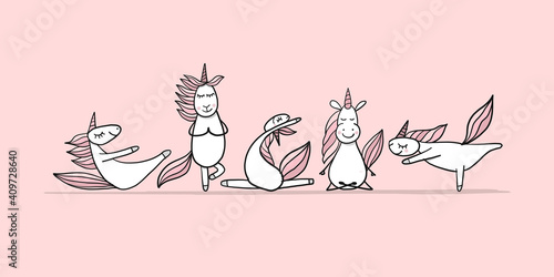 Funny Unicorns doing yoga, sketch for your design