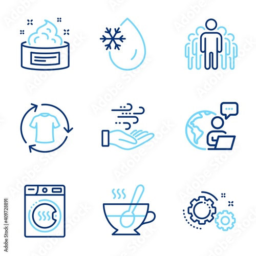 Business icons set. Included icon as Freezing water, Gears, Skin cream signs. Group, Change clothes, Tea cup symbols. Wind energy, Dryer machine line icons. Freeze temperature, Work process. Vector