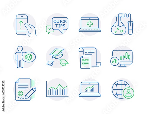 Science icons set. Included icon as Quick tips, Cogwheel, Chemistry lab signs. Documents, Throw hats, Money diagram symbols. Medical help, Copywriting, Swipe up. Candlestick chart. Vector