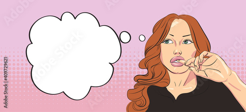 Poster with cartoon style young sexy girl. Vector illustration.