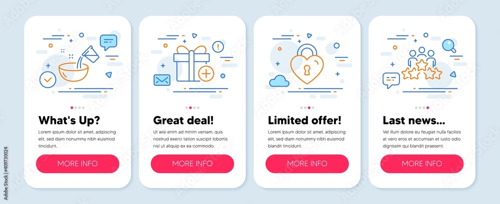 Set of line icons, such as Add gift, Cooking water, Love lock symbols. Mobile app mockup banners. Business meeting line icons. Present box, Glass, Bridge locker. Rating star. Add gift icons. Vector