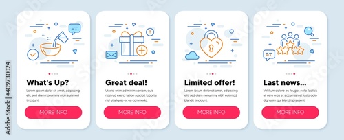 Set of line icons, such as Add gift, Cooking water, Love lock symbols. Mobile app mockup banners. Business meeting line icons. Present box, Glass, Bridge locker. Rating star. Add gift icons. Vector