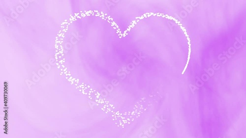 Lovely white color hearts are drawn in the form of a large heart. Soft blurry pink motion background. Concept Valentine's Day greeting card.