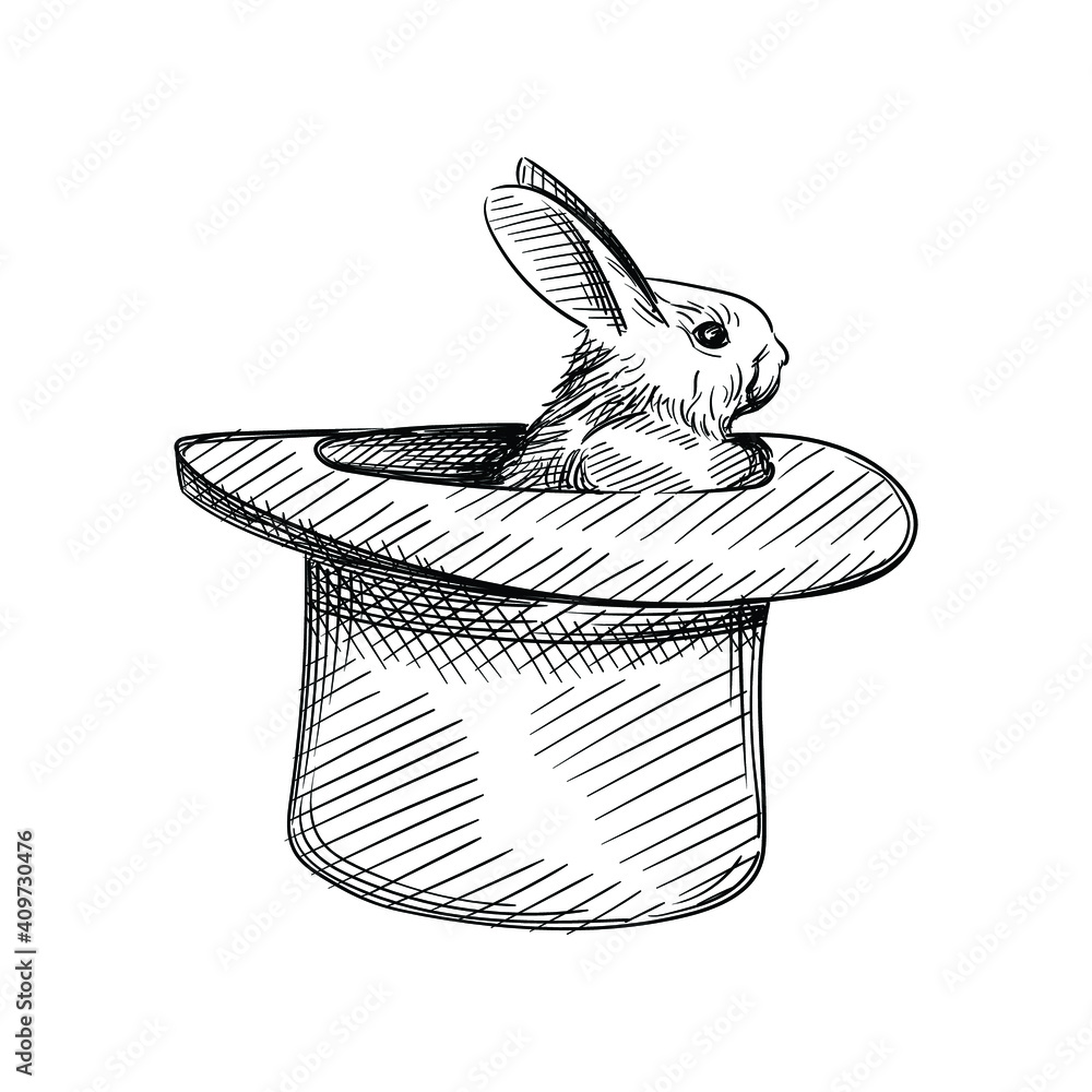 Fototapeta premium Hand drawn sketch of rabbit in a magician hat on a white background. Focus, magician, magic, trick, circus, illusion of deception