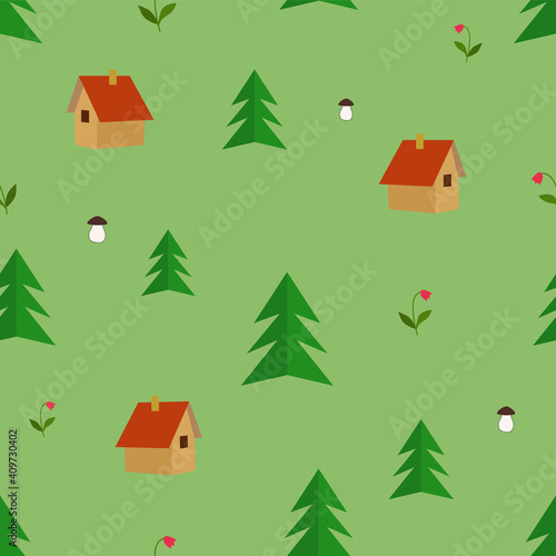 houses in the forest. Vector color drawing image background.