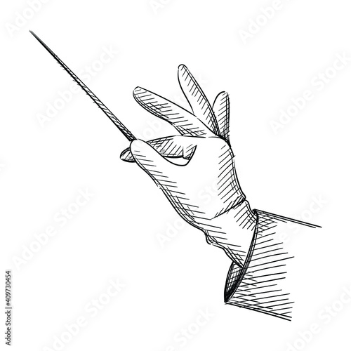 Hand drawn sketch of wizard's hand with a wand on a white background. Focus, magician, magic, trick, circus, illusion of deception