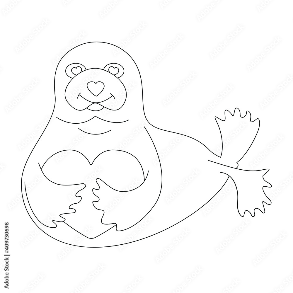 A funny seal with a heart in flippers. Vector outline illustration, black and white. Can be used for greeting cards, coloring pages, banners and themed holidays. A funny seal with a heart in flippers. Vector outline illustration, black and white. Can be used for greeting cards, coloring pages, banners and themed holidays.