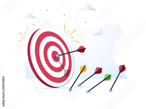 Cartoon arrows missed hitting target mark isolated on white background. Multiple fail inaccurate attempt hit archery. photo