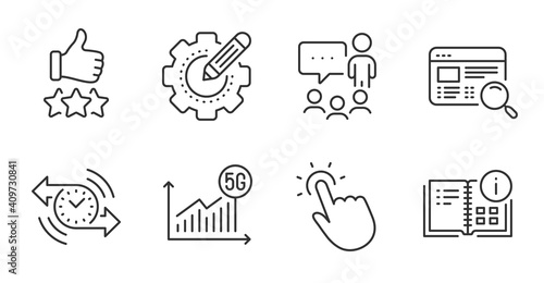 Timer, Touchpoint and Website search line icons set. Settings gear, Rating stars and People chatting signs. 5g statistics, Instruction info symbols. Quality line icons. Timer badge. Vector