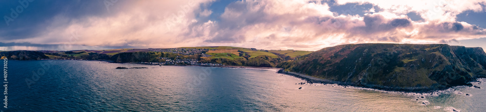 Panoramic view of the stunning Scottish North Costal Town called Gardenstown