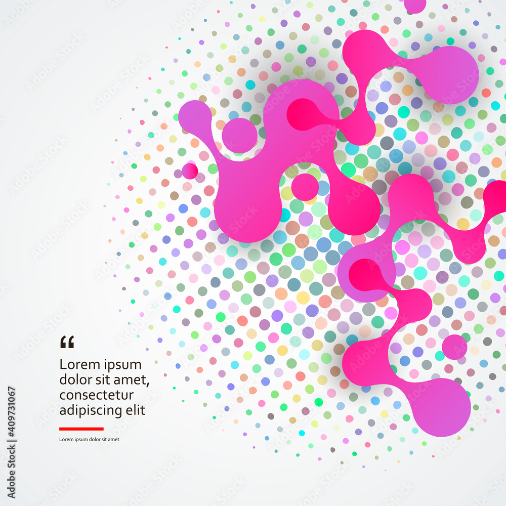 Abstract pink volumetric large molecules with bright circles white background. Modern logotype icon dna