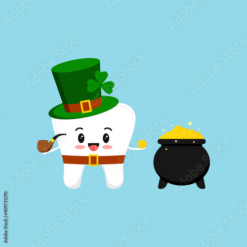 St Patrick day tooth in leprechaun costume with pot of gold. Dental tooth irish character with black cauldron with money, clover, pipe, green hat, shamrock. Flat design cartoon vector illustration.