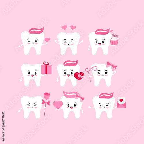 Valentines day teeth dental icon set isolated. Dentist cute strong tooth character with kiss, heart, gift, rose, letter, cupcake, glasses. Flat design cartoon vector dentistry clip art illustration.
