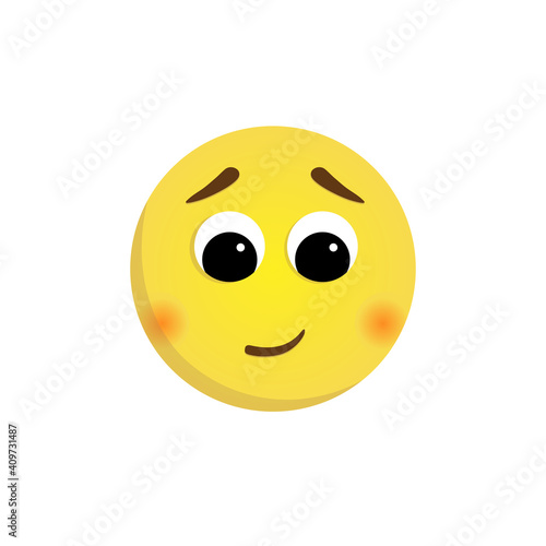 Vector shy emoticon isolated on a white background. Yellow flushed face emoji with downcast eyes, raised eyebrows and blushing cheeks