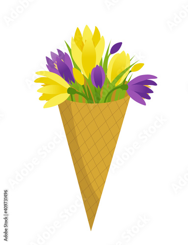 Bouquet of crocuses in a bethel horn. Isolated on a white background the clip art is perfect for a spring poster or ad, as well as for advertising a flower shop or a botanical garden