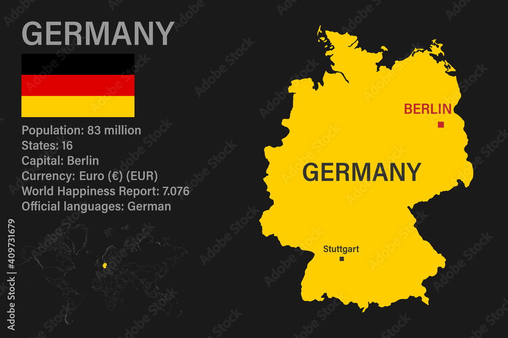 Obraz premium Highly detailed Germany map with flag, capital and small map of the world
