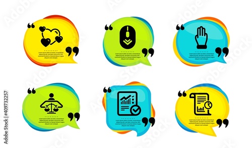 Heart, Court judge and Scroll down icons simple set. Speech bubble with quotes. Checked calculation, Three fingers and Report signs. Love rating, Judgement, Mouse swipe. Vector