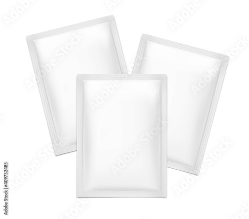 Set of blank sachet packaging mockups for food, cosmetic and hygien. Vector illustration on white background. Ready for your design.	
