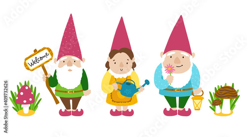 Garden gnomes set. A collection of three cartoon cute fairy-tale characters with mushrooms to decorate the yard, vegetable garden, park. Grandparents with a gray beard and a grandmother