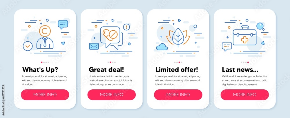 Set of Science icons, such as Medical drugs, Copyrighter, Organic tested symbols. Mobile screen mockup banners. First aid line icons. Medicine pills, Writer person, Bio ingredients. Vector Set of Science icons, such as Medical drugs, Copyrighter, Organic tested symbols. Mobile screen mockup banners. First aid line icons. Medicine pills, Writer person, Bio ingredients. Vector