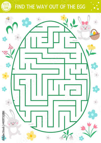Easter maze for children with cute bunnies in egg shape. Holiday preschool printable activity. Funny spring garden game or puzzle with animals and flowers. Find the way out of the egg. .