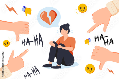 Social media bullying. Haters pointing fingers frim monitor at victim, laughing at crying girl. Flat vector illustration