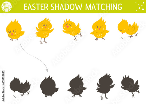 Easter shadow matching activity for children with chickens. Fun spring puzzle with cute farm birds. Holiday celebration educational game for kids. Find the correct silhouette printable worksheet. .