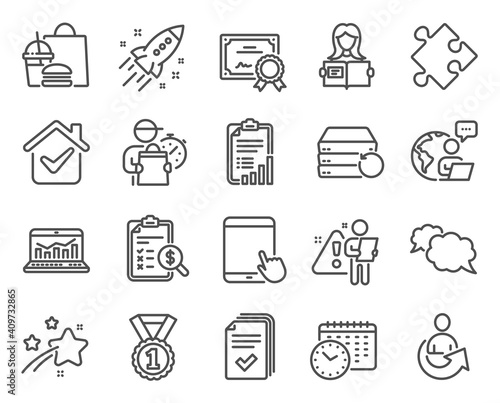 Education icons set. Included icon as Calendar time, Tablet pc, Web analytics signs. Best rank, Share, Certificate symbols. Messenger, Checklist, Startup rocket. Woman read, Handout. Vector