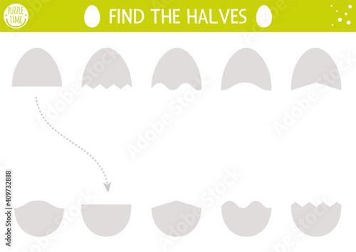 Easter matching activity for children. Fun spring puzzle with eggs. Holiday celebration educational game, printable worksheet for kids. Find the halves .