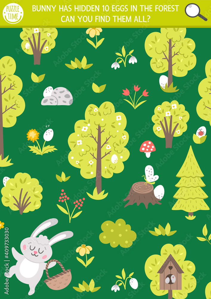 Vector Easter holiday searching game with cute Bunny in the garden or ...