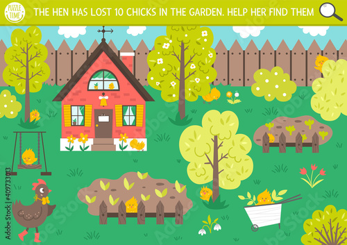 Vector Easter holiday searching game with cute hen and chickens in the garden. Find hidden chicks in the picture. Simple fun spring educational printable activity for kids with funny characters.