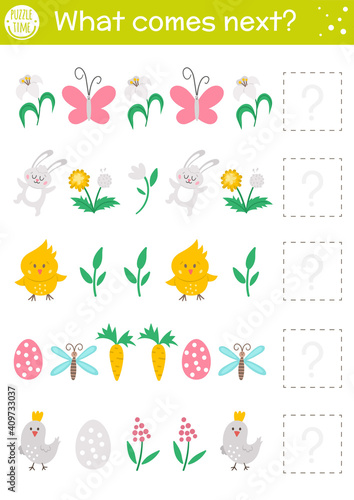 What comes next. Easter matching activity for preschool children with traditional holiday symbols. Funny educational puzzle. Logical worksheet. Continue the row. Simple spring game for kids.