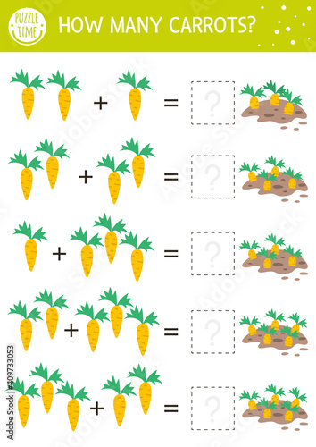 Easter counting game with carrots. Holiday activity for preschool children with garden theme. Educational spring printable math worksheet. Addition puzzle for kids.