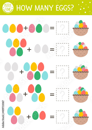 Easter counting game with colored eggs and basket. Holiday activity for preschool children. Educational spring printable math worksheet. Addition puzzle for kids.
