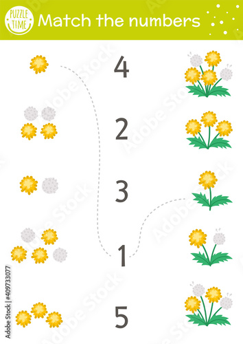 Easter matching game with spring flowers. Holiday math activity for preschool children with dandelions. Educational printable counting worksheet with cute funny elements for kids.
