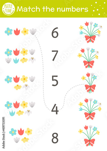 Easter matching game with bouquet of spring flowers. Holiday math activity for preschool children with plants. Educational printable counting worksheet with cute funny elements for kids.