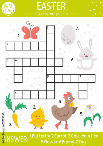 Vector Easter crossword puzzle for kids. Simple spring quiz with holiday objects and animals for children. Educational activity with traditional symbols and garden theme.