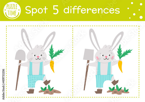 Easter find differences game for children. Holiday educational activity with funny bunny planting a carrot. Printable worksheet with cute character. Spring puzzle for kids.. photo