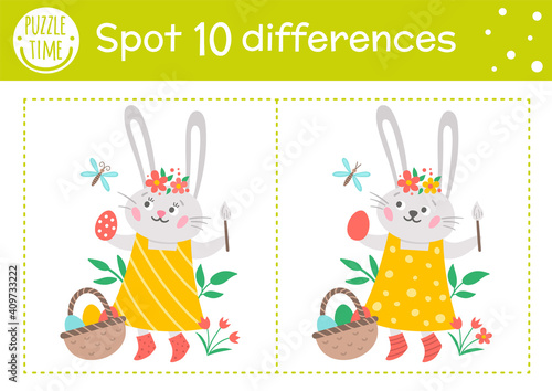 Easter find differences game for children. Holiday educational activity with funny bunny girl coloring egg. Printable worksheet with cute character. Spring puzzle for kids..
