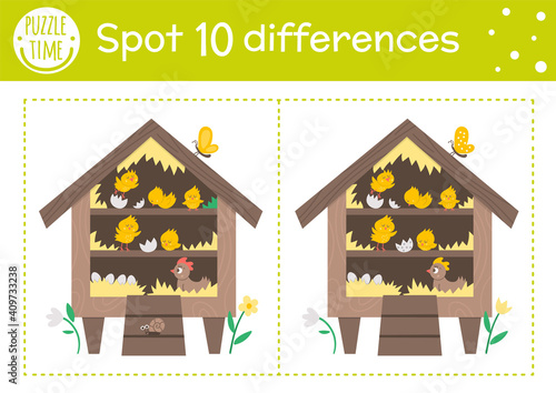 Easter find differences game for children. Holiday educational activity with hen coop and chickens. Printable worksheet with cute hatching chicks. Spring puzzle for kids..