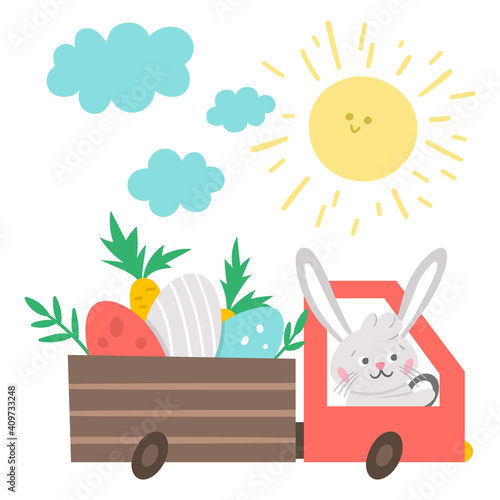 Vector Easter truck icon with colored eggs and carrots, clouds and sun. Bunny driving a car with holiday presents isolated on white background. Spring greeting card template with cute rabbit for kids.