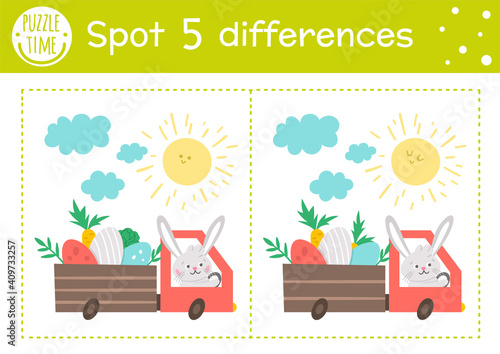 Easter find differences game for children. Holiday educational activity with funny bunny driving a truck with colored eggs. Printable worksheet with cute character. Spring puzzle for kids..