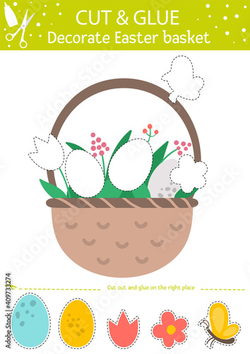 Vector Easter cut and glue activity. Holiday educational crafting game with cute colored eggs, flowers, butterfly. Fun spring activity for kids. Decorate Easter basket.