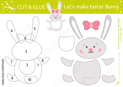 Vector Easter cut and glue activity. Holiday educational crafting game with cute rabbit. Fun spring activity for kids. Make Easter Bunny.