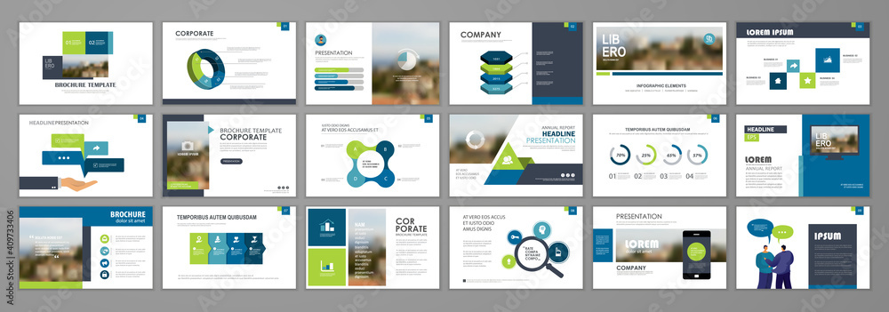 Business presentation infographic elements template set. Keynote presentation background, powerpoint template design, website ideas, brochure cover design, landing page, annual report brochure. Vector - obrazy, fototapety, plakaty 