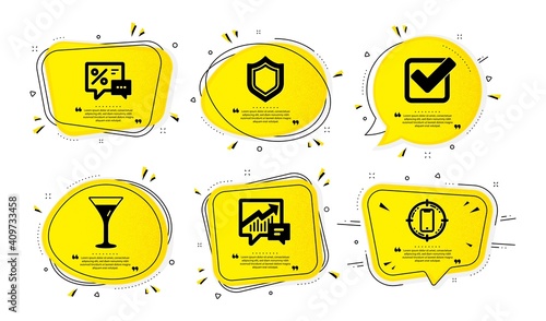 Discounts, Checkbox and Martini glass icons simple set. Yellow speech bubbles with dotwork effect. Security, Accounting and Smartphone target signs. Best offer, Approved tick, Wine. Vector