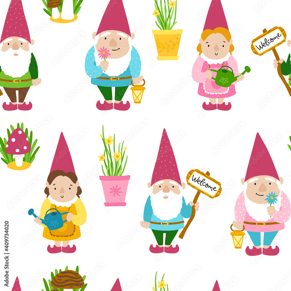 Fototapeta premium Garden gnomes seamless pattern. A collection of three cartoon cute fairy-tale characters with mushrooms and pots of flowers to decorate the yard, vegetable garden, park. Ideal for spring summer design