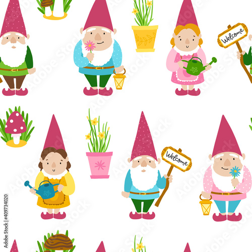 Garden gnomes seamless pattern. A collection of three cartoon cute fairy-tale characters with mushrooms and pots of flowers to decorate the yard  vegetable garden  park. Ideal for spring summer design