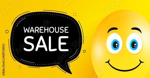 Warehouse sale. Easter egg with smile face. Special offer price sign. Advertising discounts symbol. Easter smile character. Warehouse sale black speech bubble. Yellow egg background. Vector
